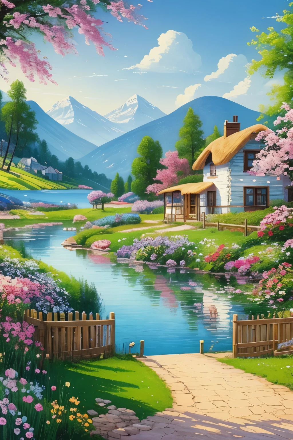 Gemälde einer Hütte, Blumen neben dem Zaun, Zaun entlang der Straße,  Berglandschaft mit einem See und einem Boot, Vögel fliegen im blauen Himmel, Abbildung Matte Painting,  inspiriert von Thomas Kinkade, symmetrisches Matte Painting, detaillierte Szenerie , Stil roh, 8 K ultradetailliert