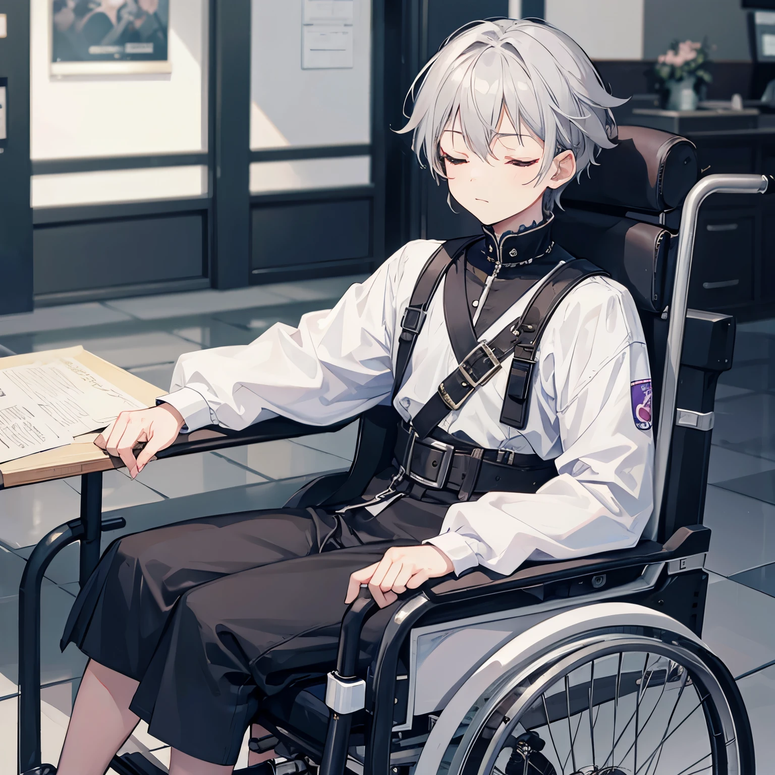 gray hair,wheelchair,prince,boy,eyes closed - SeaArt AI