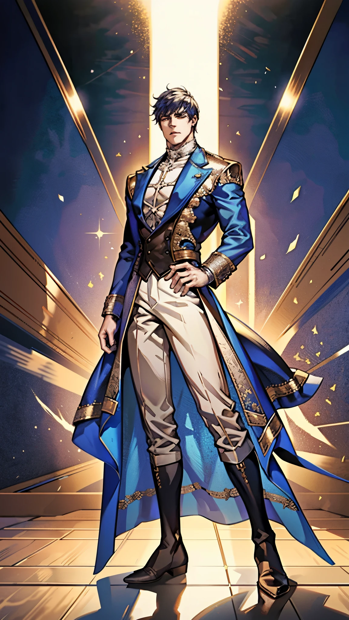 In the backdrop of an ancient fantasy-reality setting, a youth sporting a platinum crew cut displays a piercing gaze and confident demeanor. Adorned in a two-piece fusion outfit, seamlessly blending Western and Eastern influences, he wears a snug dark top paired with a vibrant yellow-blue short jacket. The lower half features loose white utility pants, and his sturdy long boots echo through the corridors of an antiquated architectural landscape. The overall aesthetic captures the essence of a refined and mature anime-inspired  rogue, symmetrical face, extremely detailed eyes and face, high quality eyes, high definition, highres, ultra-fine painting, exquisite and mature, extremely delicate, professional, anatomically correct, creativity, UHD, HDR, 32k, Natural light, cinematic lighting, best shadow, masterpiece-anatomy-perfect, best quality, masterpiece, ultra-detailed