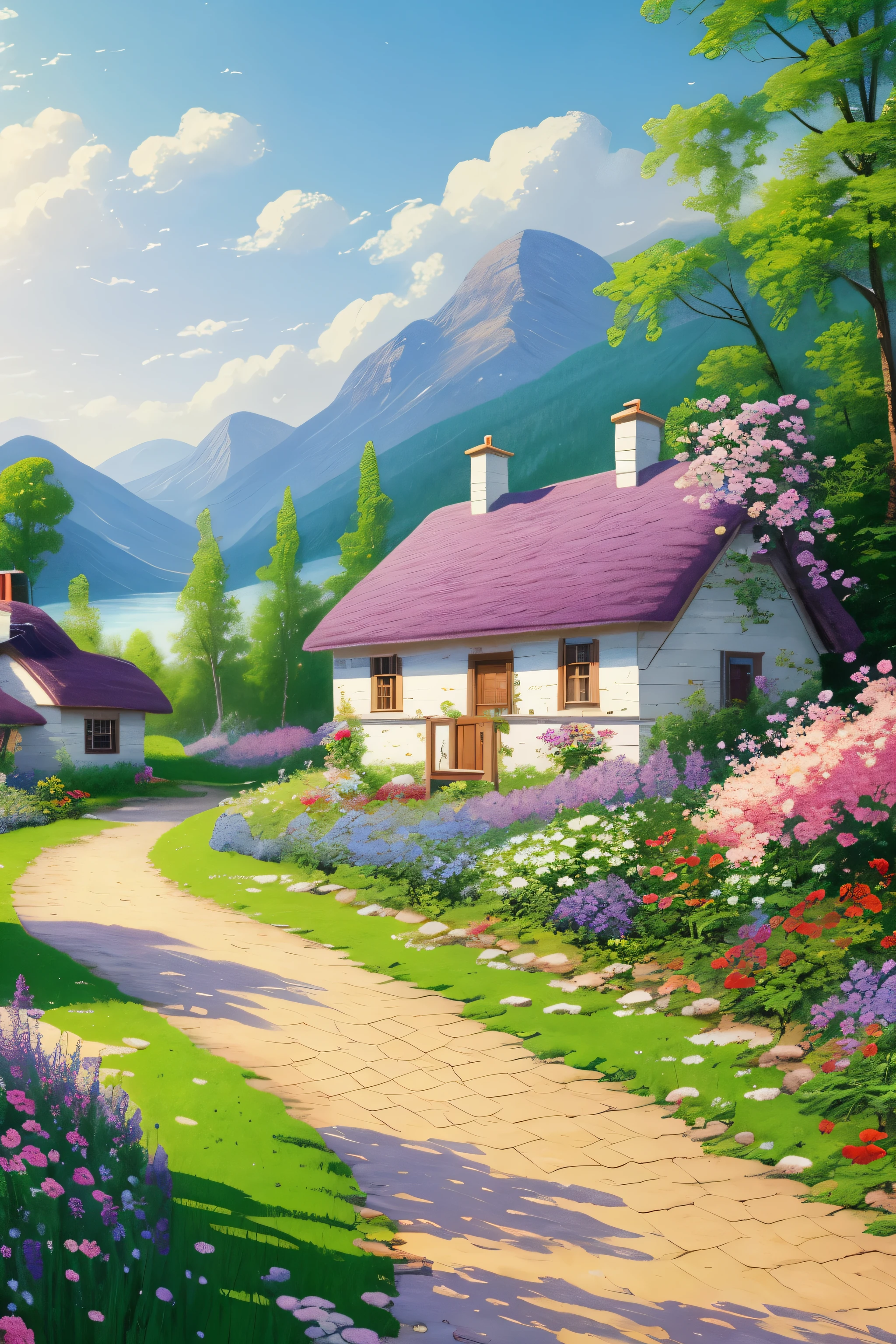 painting of a cottage, flowers beside of fence, fence along the road,  mountain landscape with a lake and a boat, birds flying in the blue sky, illustration matte painting,  inspired by Thomas Kinkade, symmetric matte painting, detailed scenery , style raw, 8 k ultra detailed