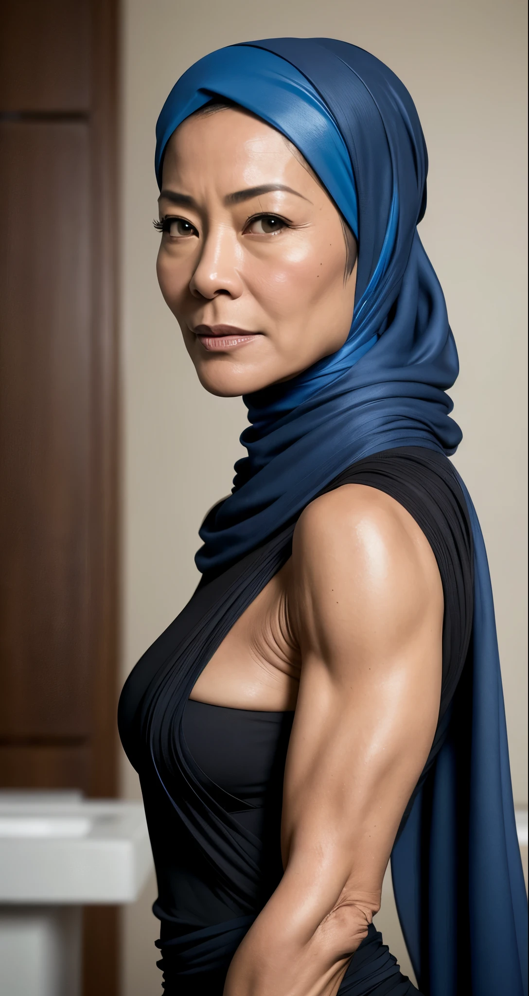 A woman with a blue scarf on her head and a black dress - SeaArt AI