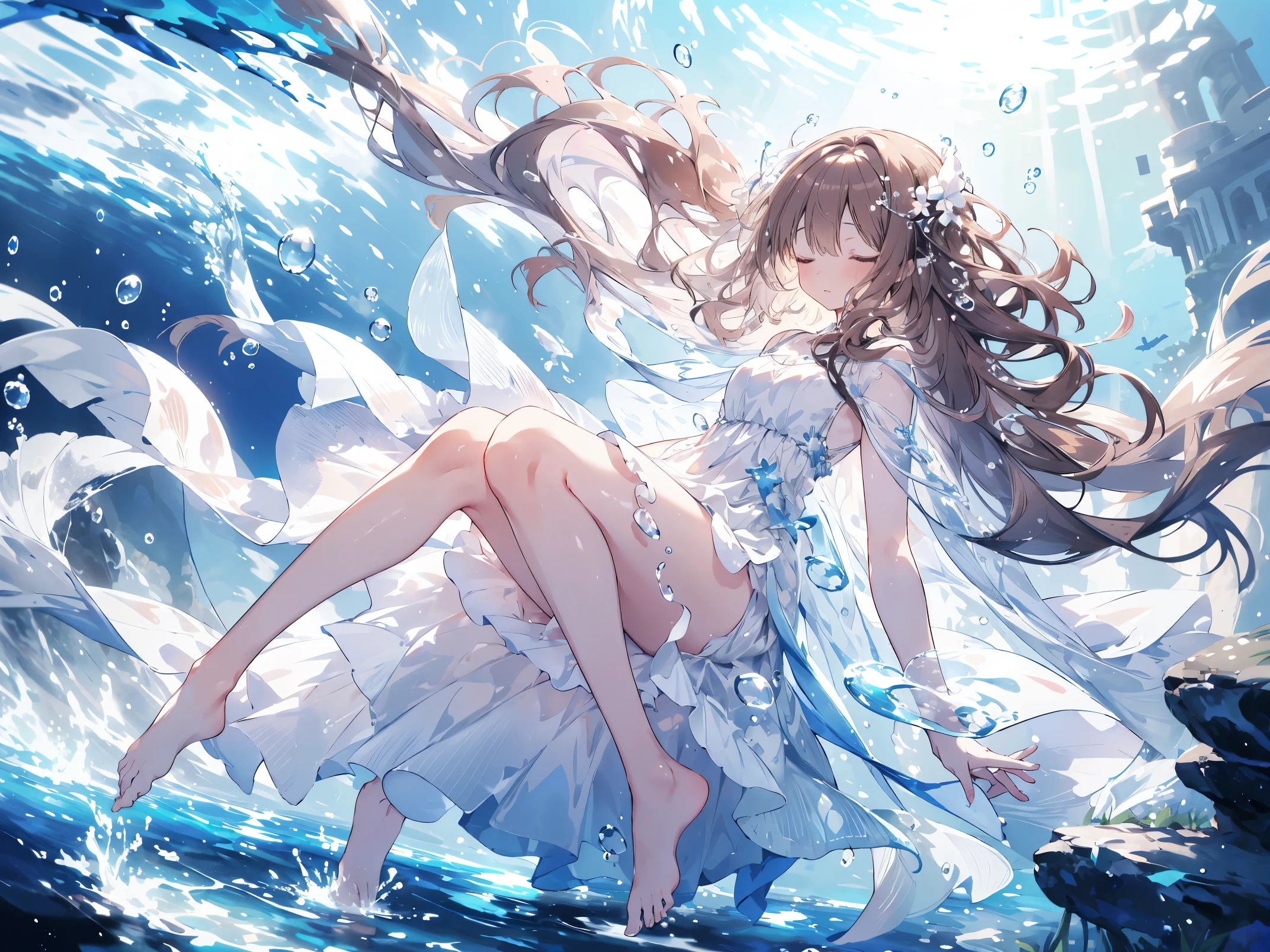 Sleep, an artwork of a woman in white dress and flowing white hair under water, 1 girl, dress, in water, alone, long hair, close your eyes, brown hair, air bubble, barefoot, bubble