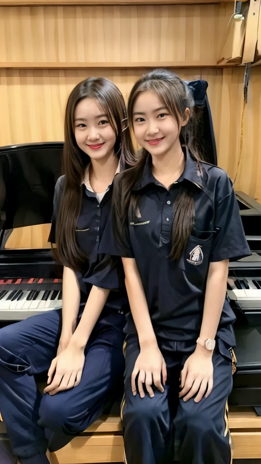 2 girls in the piano room, Navy blue short-sleeved shirt,Navy Long Trackpant,Sweatpants, Sweatpantsขายาว