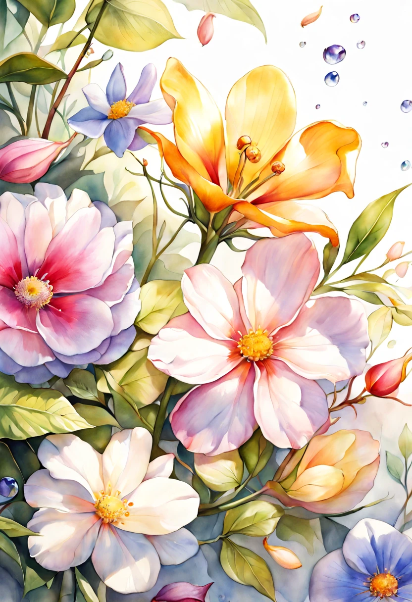 (best quality, 4k, 8k, high resolution, masterpiece:1.2), ultra-detailed, (realistic, photorealistic:1.37), vibrant watercolor flowers, assorted blooms, delicate petals, soft watercolor wash, (watercolor paper texture:1.1), (lush foliage:1.1), interplay of light and shadow, (sunlit:1.1), (dew drops on petals:1.1), (varied flower species:1.1), botanical illustration, (rich color palette:1.1), (soft edges:1.1), (depth of field:1.1), (artistic composition:1.1), (harmonious arrangement:1.1)