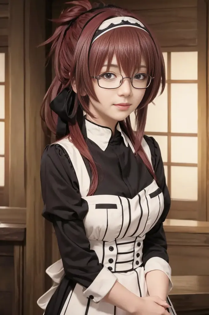 Master piece,best quality,realistic,1girl ,lilya greyrat in mushoku tensei,Maid, vinous hair, a woman, glasses,  