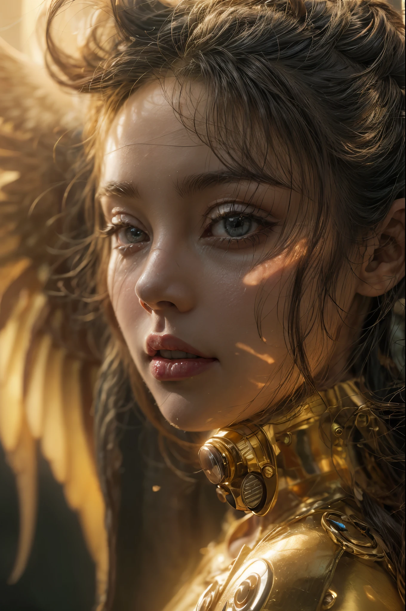 A photograph captures a fleeting moment where a girl embodies the essence of both an angel and a cyberpunk-steampunk muse. Amidst swirling smoke, use the ((golden hour)) to infuse the scene with warmth, highlighting the ((emotional)) juxtaposition of ethereal wings and futuristic elements.