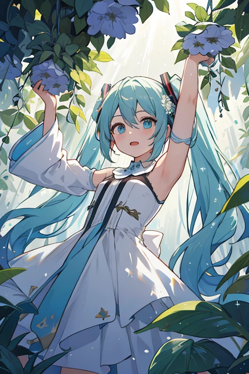 Dentro de una cueva oscura con una abertura en la parte superior, Overhead lighting, Plantas brillantes que iluminan suavemente los alrededores con un tono verde, muslos gruesos, Caderas anchas, mujer madura, (Dramatic light:1.3), 
mujer, Hatsune Miku, Solo, vestido, flor, pelo largo, white vestido, dos colas, very pelo largo, dove