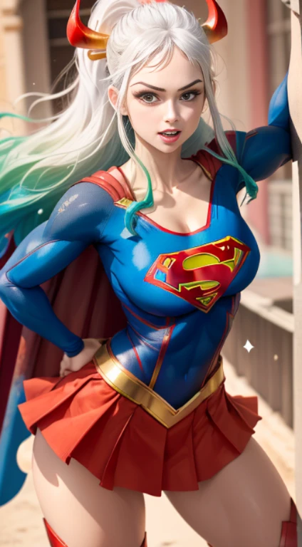 (melhor qualidade:1.3), Supergirl, capa vermelha, S do super-homem no peito, blue swimsuit, Red skirt, botas vermelhas, (demon girl), huge breasts, sedutora, sexy, cabelo branco com as pontas verde claro, chifre com as pontas vermelho