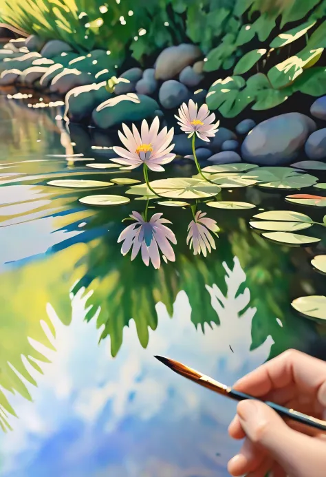 (((watercolor:1.5))), (((watercolor atmosphere:1.4))), (((crystal clear water reflection background:1.3))), (((transparent flowe...