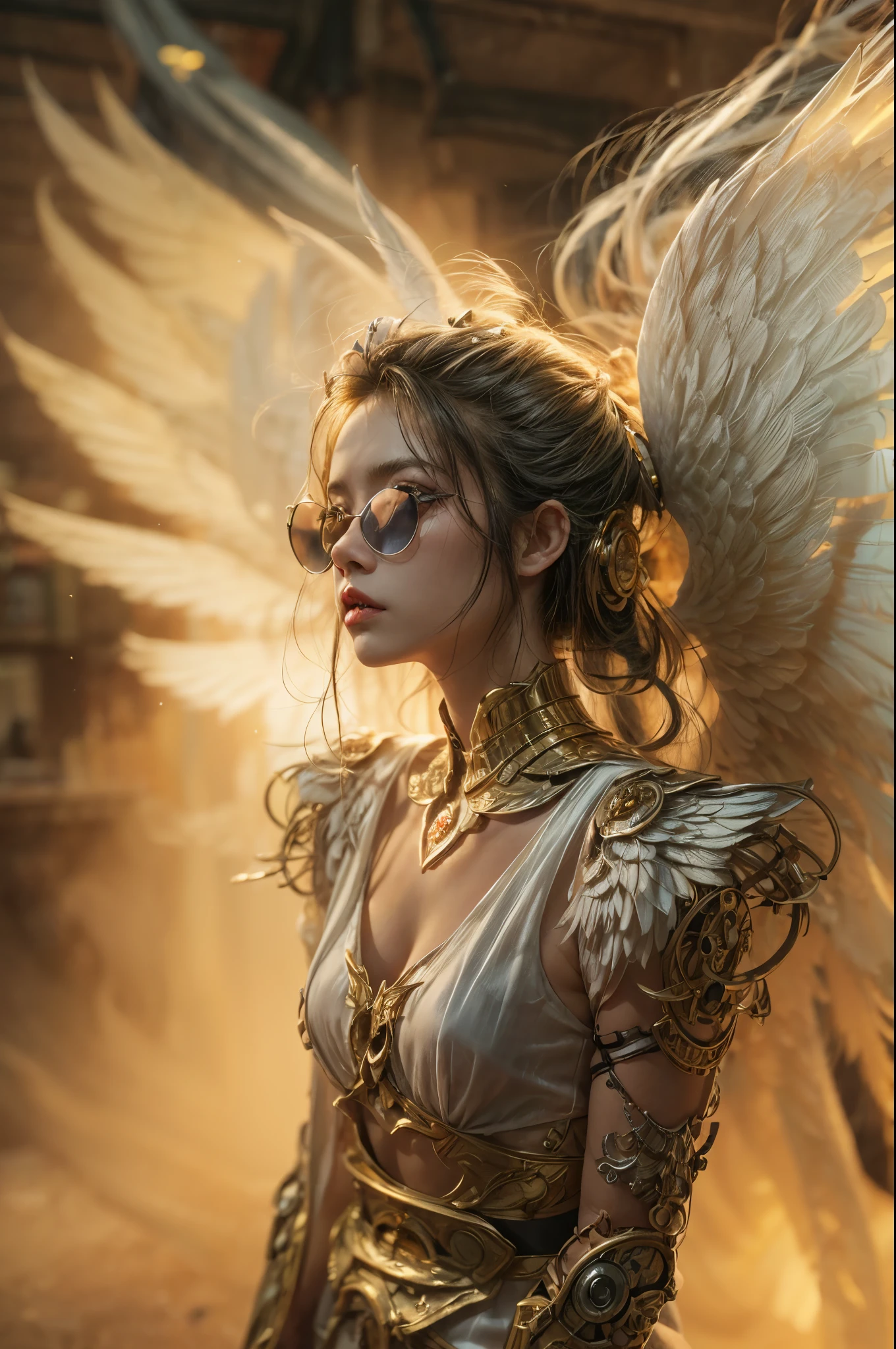 A photograph captures a fleeting moment where a girl embodies the essence of both an angel and a cyberpunk-steampunk muse. Amidst swirling smoke, use the ((golden hour)) to infuse the scene with warmth, highlighting the ((emotional)) juxtaposition of ethereal wings and futuristic elements.