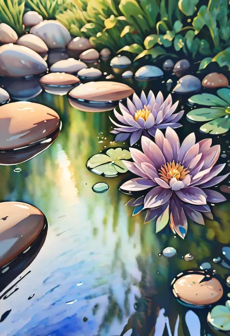 (((watercolor:1.5))), (((watercolor atmosphere:1.4))), (((crystal clear water reflection background:1.3))), (((transparent flowe...