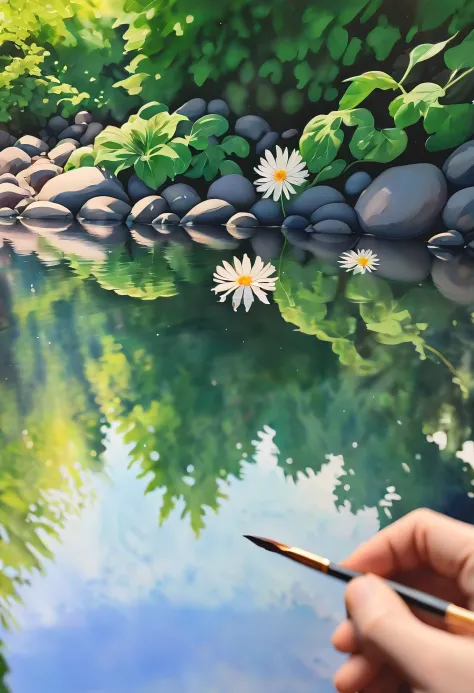 (((watercolor:1.5))), (((watercolor atmosphere:1.4))), (((crystal clear water reflection background:1.3))), (((transparent flowe...