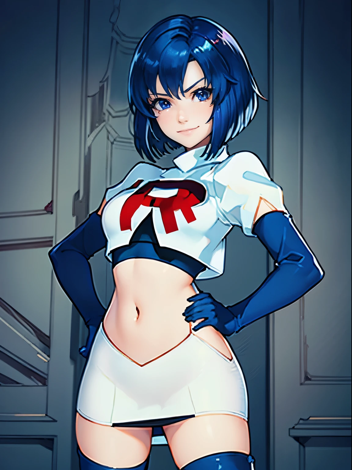 face of Catria (Fire Emblem), short hair, blue hair, 1girl,team rocket,team rocket uniform, red letter R, white skirt,white crop top,black thigh-highs,black elbow gloves, evil smile, hands on hips