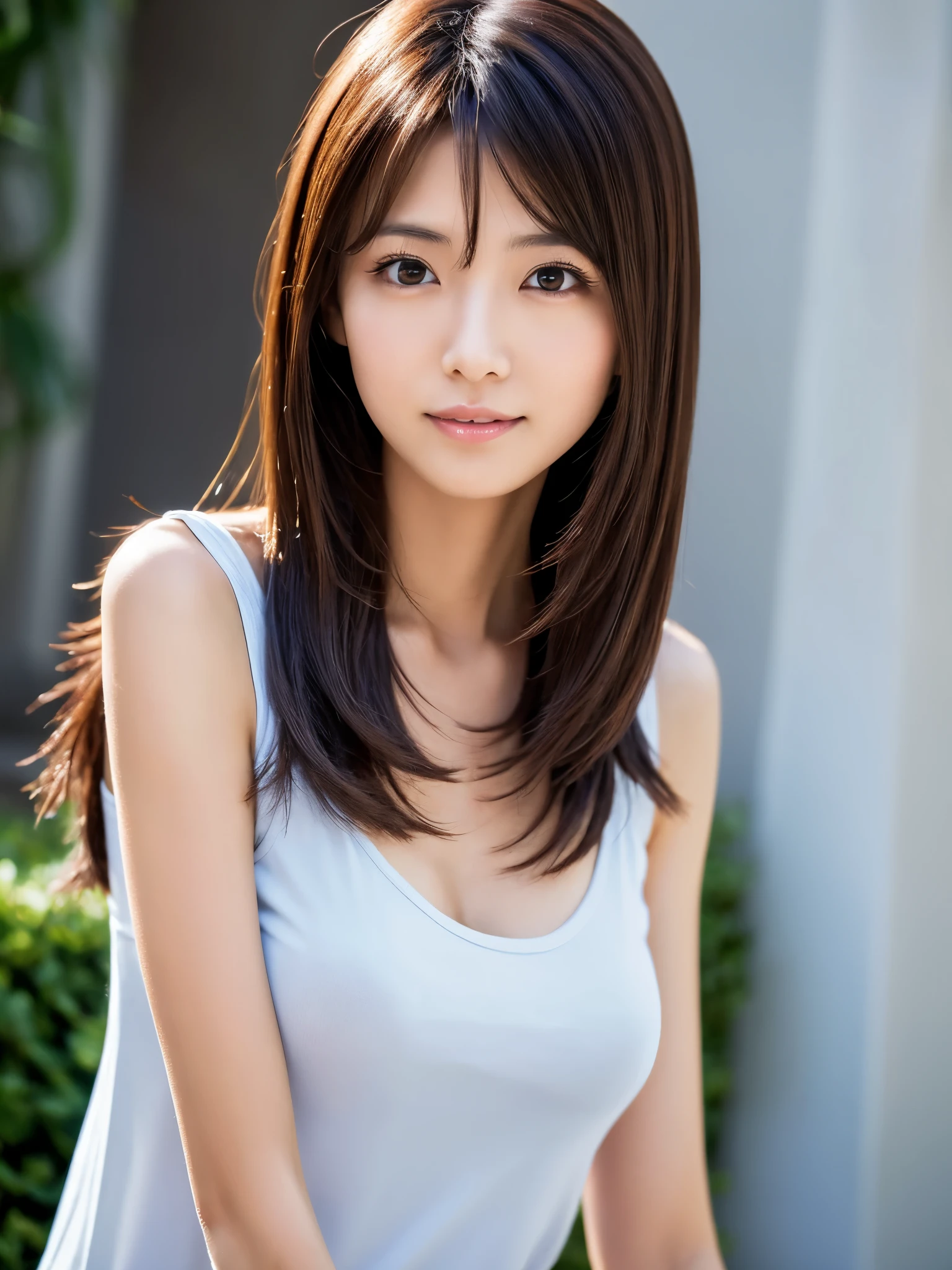 a skinny Japanese lady, 20 years old, (realistic), (hyperrealism), (photorealistic), (8K resolusion), depth of field, (upper-body:1.2), super detailed face, detailed eyes, cute face, various face expression, various hair style, (small breasts:0.6), (very thin waist:0.7), casual outfit