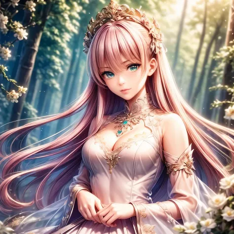 (highest quality:1.4),(masterpiece:1.4),super detailed,8K,cg,exquisite,Upper body,Lonely,thumb girl,green eyes, Little Princess,flowing coat dress,garden background,detailed facial features,long curly hair,Almond Eyes,Delicate eye makeup,long fluttering ey...