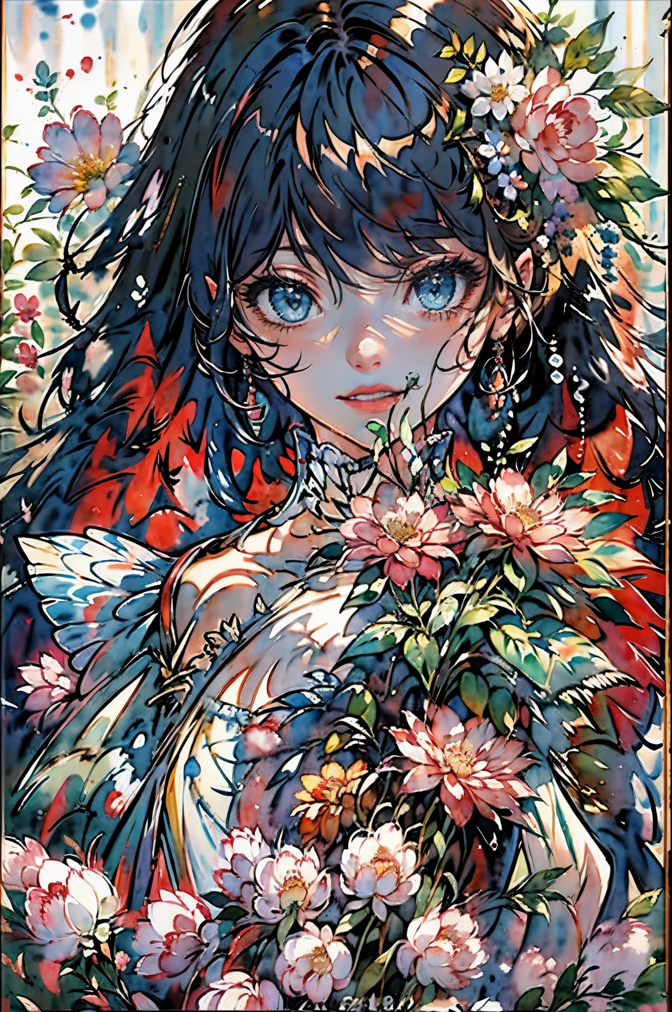 ( 水彩画: 1.5) 水彩画, 細部までこだわった, 最高品質, 16K, 生, [最も詳細な], 傑作, 最高品質, (非常に詳細な), 全身, 超ワイドショット, 写実的な, ダークファンタジーアート, ゴスアート, RPGアート, d&d art, 花屋で花を見せる暗い女性の妖精の絵, 非常に美しい妖精, 超女性的 (強烈なディテール, 傑作, 最高品質), 最も詳細な face (強烈なディテール, 傑作, 最高品質), 広い蝶の羽を持つ, 蝶の羽を広げる (強烈なディテール, 傑作, 最高品質), 暗い色の翼 (強烈なディテール, 傑作, 最高品質), 黒髪, 長い髪, 輝く髪, 流れるような髪, はにかんだ笑顔, 無邪気な笑顔, 青い目, 濃い赤い唇, 赤いスカートを着て, ダイナミックなエレガントなシャツ, 衝撃, ハイヒールを履く, 花屋で (強烈なディテール, 傑作, 最高品質), [非常に多くの花] (強烈なディテール, 傑作, 最高品質), 濃い色の花 (強烈なディテール, 傑作, 最高品質), 暗いゴス時代の街路を背景にした花屋, High detail, 超高品質, 高解像度, 16K解像度, Ultra Hd Pictures, 3d rendering Ultra Realistic, Clear details, Realistic detail, Ultra High definition