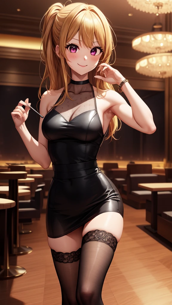 anime, beautiful face, highly detailed face, 2 accurate legs detailed eyes, highly detailed background, perfect lighting, accurate arms, accurate hands, accurate fingers, beautiful blonde hair, full body, 1girl, solo, ruby hoshino, oshi no ko, indoors, detailed heels, black heels, detailed thighhighs, absurdres, high res, ultrasharp, 8K, masterpiece, looking at viewer, teasing smile, elegant pose, clubbing, in a nightclub, beautiful nightclub outfit, beautiful pencil skirt, one hand near face 