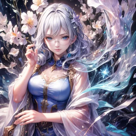 (highest quality:1.4),(masterpiece:1.4),super detailed,8K,cg,exquisite,Upper body,Lonely,thumb girl,green eyes, light purple hair, Little Princess,flowing coat dress,garden background,detailed facial features,long curly hair,Almond Eyes,Delicate eye makeup...