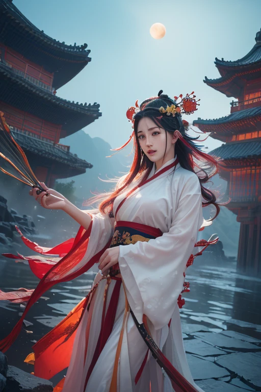 (8k, original photo:1.2), best quality, ultra high resolution, dramatic angle, (fluttered detailed color splashs), (illustration), ( (long hair), (rain:0.9), (headgear: 1.4), Cultivation novels Chinese beauties，Sexy body，Full breasts，long legs，There is an ancient palace next to the fairy sword in hand, hanfu, (emphasize), color ink painting, (Splash color), Splash color, (((rich and colorful))), (sketch: 0.8), masterpiece, best quality, beautiful painting, high detailed, (Denoise:0.6), [splash ink], ((Ink refraction)), (beautiful detailed sky), moon, high, detailed, (masterpiece, best quality, extremely detailed) CG unified 8K wallpaper, masterpiece, best quality, super detailed), (Garlic), medium bust, pink clothes, white flower