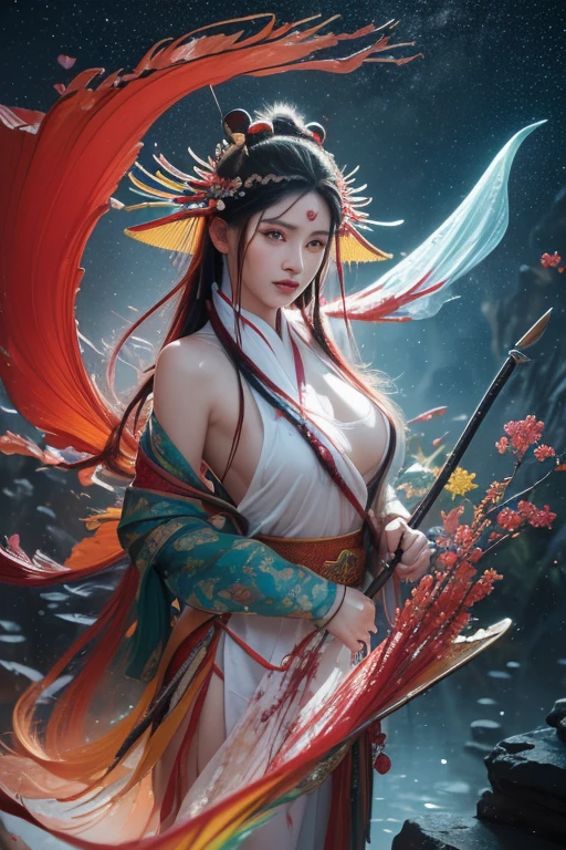 (8k, original photo:1.2), best quality, ultra high resolution, dramatic angle, (fluttered detailed color splashs), (illustration), ( (long hair), (rain:0.9), (headgear: 1.4), Cultivation novels Chinese beauties，Sexy body，Full breasts，long legs，There is an ancient palace next to the fairy sword in hand, hanfu, (emphasize), color ink painting, (Splash color), Splash color, (((rich and colorful))), (sketch: 0.8), masterpiece, best quality, beautiful painting, high detailed, (Denoise:0.6), [splash ink], ((Ink refraction)), (beautiful detailed sky), moon, high, detailed, (masterpiece, best quality, extremely detailed) CG unified 8K wallpaper, masterpiece, best quality, super detailed), (Garlic), medium bust, pink clothes, white flower