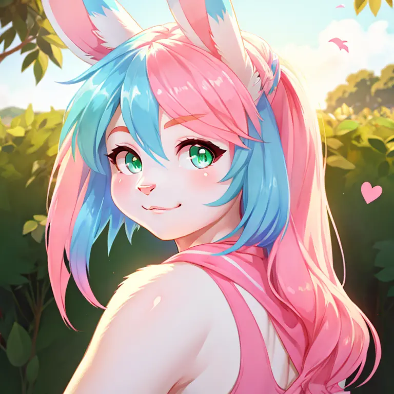 Female bunny with white, Pink and Blue fur, Green eyes and long Pink hairs holding trans flag