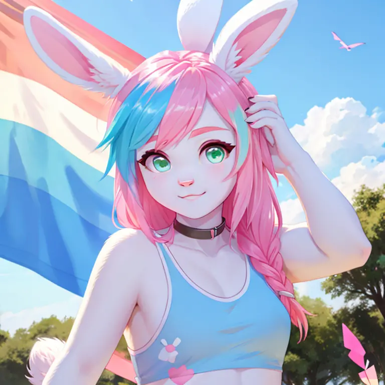 female bunny with white, pink and blue fur, green eyes and long pink hairs holding trans flag