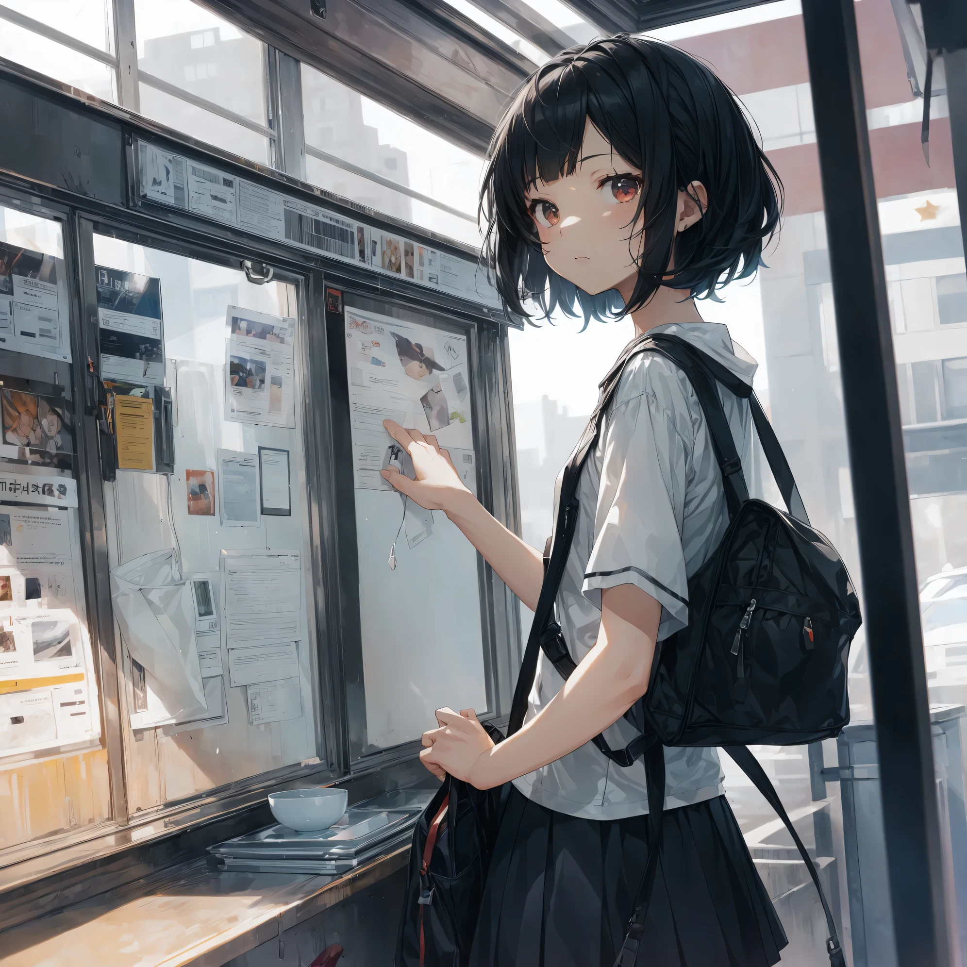 Super high quality by the art god, super detailed, High resolution, Ilya Kubshinov style, anime moe art style, best anime 8K konachan wallpaper, pixiv contest winner, perfect anatomy, break,(眠そうにalone学校へ行く女の子を描いてください. ),break, surreal high school girl, (alone,change, child,13 years old:1.3),All limbs, full finger,Middle school students, androgynous charm, ((super short silver hair)), blunt short bangs, bowl cut hair, flat and soft chest, small ass, between legs, Small red eyes,beautiful and fine eyes, Well-proportioned iris and pupils, Expressionless, High resolutionの詳細な髪, school uniform, (skirt), On the way to school. break,super dense skin, Best lighting by famous artists, 8K, figure,