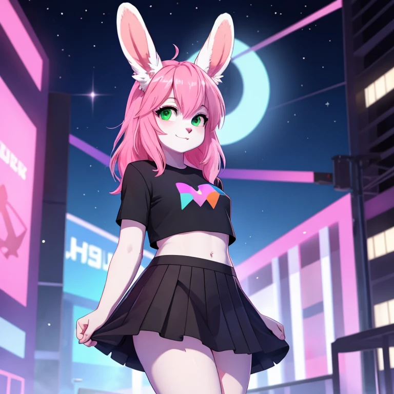 Female bunny with white fur, Green eyes and long Pink hairs with Blue headlights she is wearing Black top with trans flag on it and Black skirt