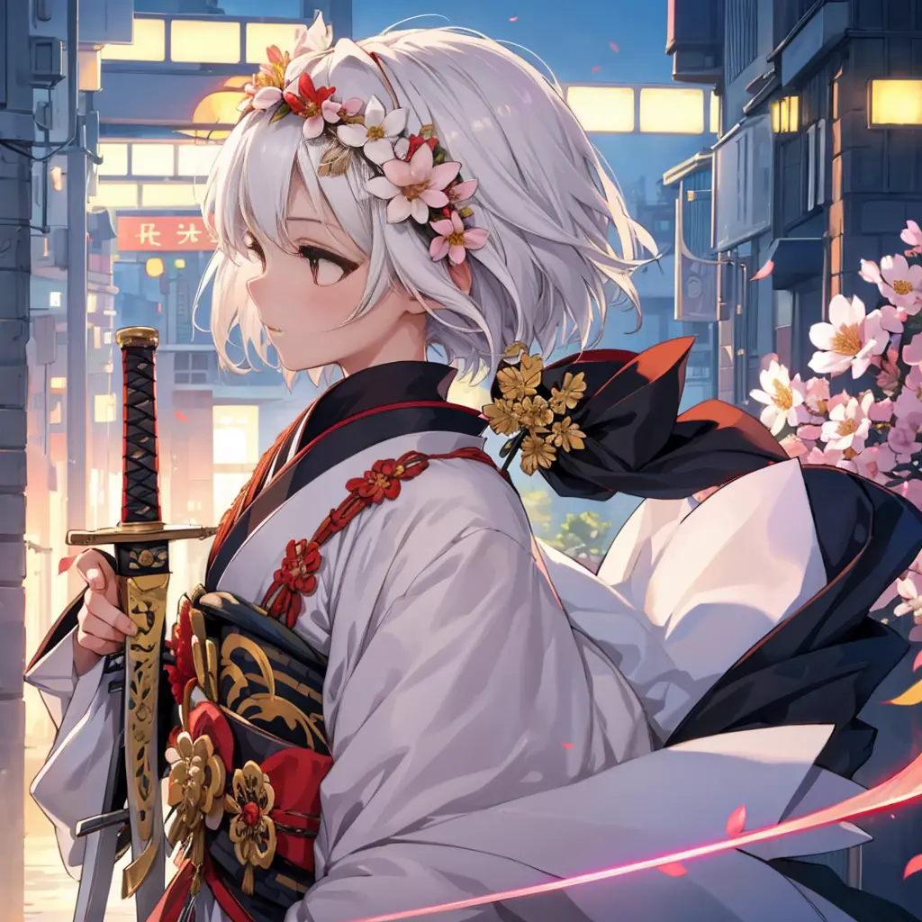 One girl, solo, bust, looking away, white hair, hair ornament, kimono, future city background, holding, short hair, brown eyes, ...
