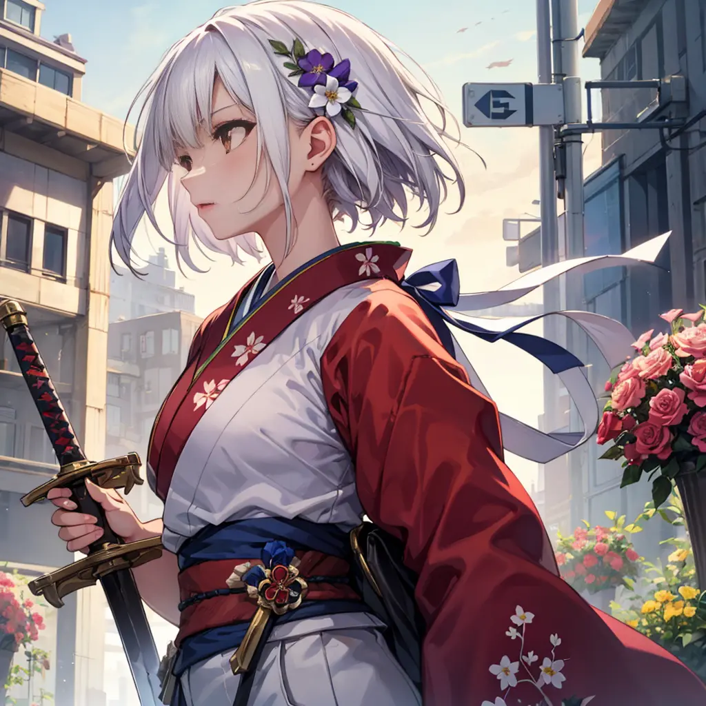 One girl, solo, bust, looking away, white hair, hair ornament, kimono, fused with flowers, future city background, holding, shor...