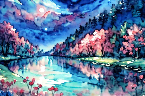 (water color art: 1.5) Watercolor Artwork, a picture of a flower meadow at night, stars above, moon light, lightly clouded, moon...