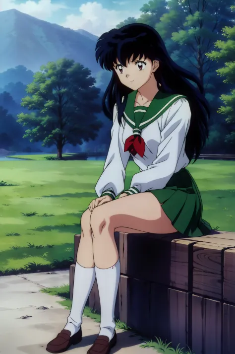 (best quality, masterpiece, highres), kagome higurashi, 1girl, solo, green school uniform, green legs, long sleeves, white socks, sitting, scenery