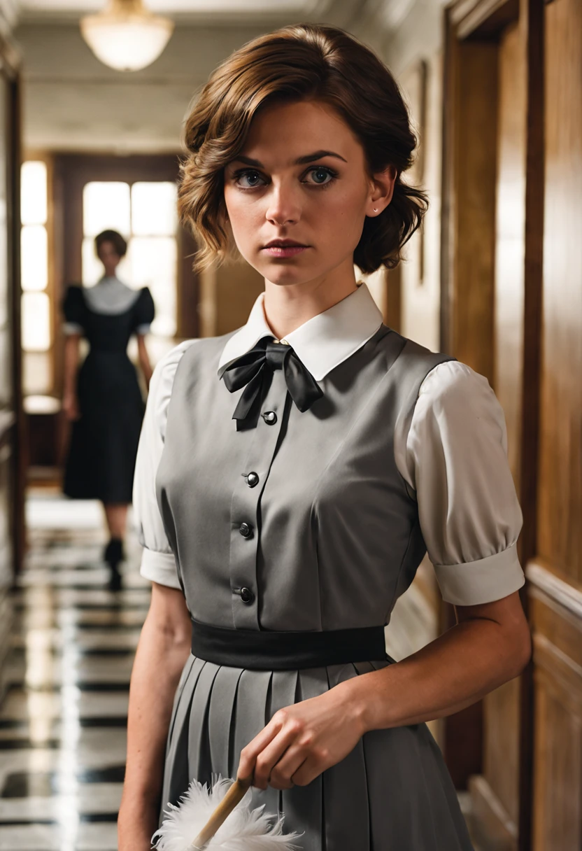 best quality,detailed background,A young American woman (mid-twenties) with neatly cropped brown hair and deep, curious eyes hold a hint of social awkwardness and determination. She wears a spotless grey maid's uniform, gripping a feather duster. An opulent hotel corridor with polished marble floors. A half-open door reveals a messy room, hinting at intrigue.  A tucked-away notebook, A nearby open book. A fleeting shadow plays around her eyes, reflecting the investigation's challenges. Capture Molly's sharp mind, kindness, and quiet strength as she faces a complex world on her terms.