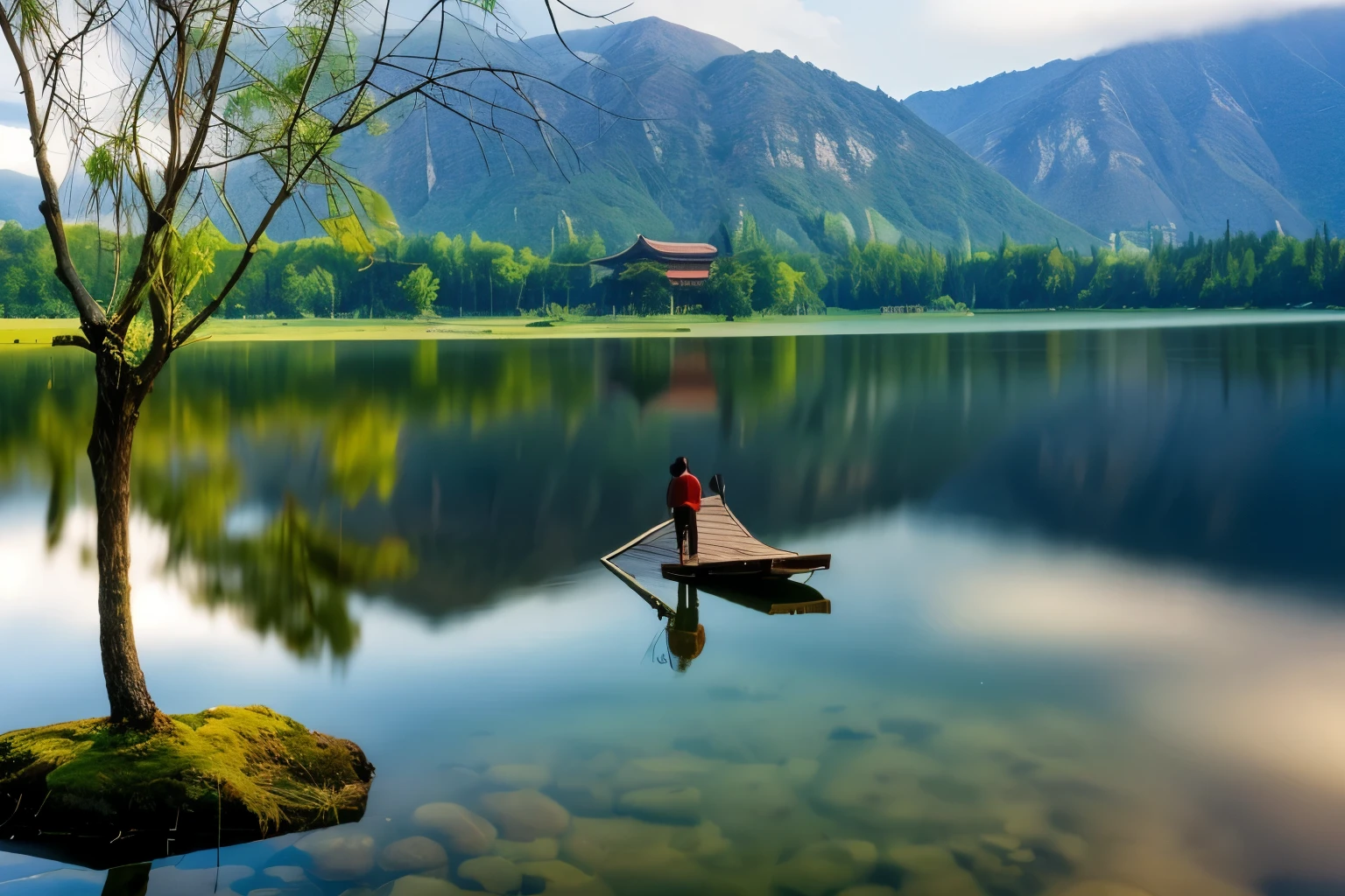 捕捉森林中宁静湖泊的夏日景色。湖周围的绿化保持着夏季的绿色，湖面开阔，清澈见底，湖的背后是低矮的山脉，以及少量的中式建筑，湖面反射着周围环境的颜色,、透过缝隙可以看到湛蓝的天空、在水面添加蓝色斑点。微风轻轻摇动树叶,、你可以感受到夏日森林的声音和气味。 制作 16 vs 9 图像