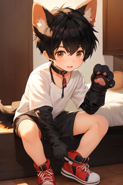 masterpiece, Best Quality, 1boy, black hair,学ラン,Realistic, ((The human)),Shota,fake dog ears,dog collar,fake dog tail,big paw gl...