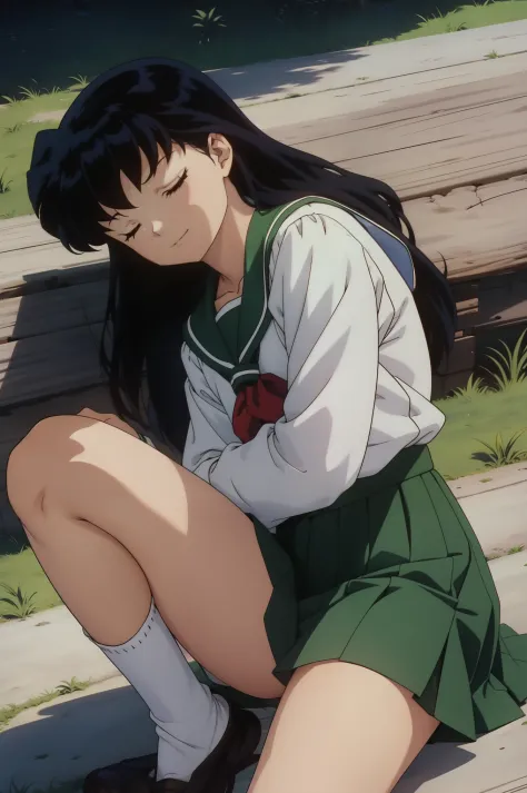 (best quality, masterpiece, highres), kagome higurashi, 1girl, solo, green school uniform, green legs, long sleeves, white socks, sleeping on side , scenery, soft thighs, smile 