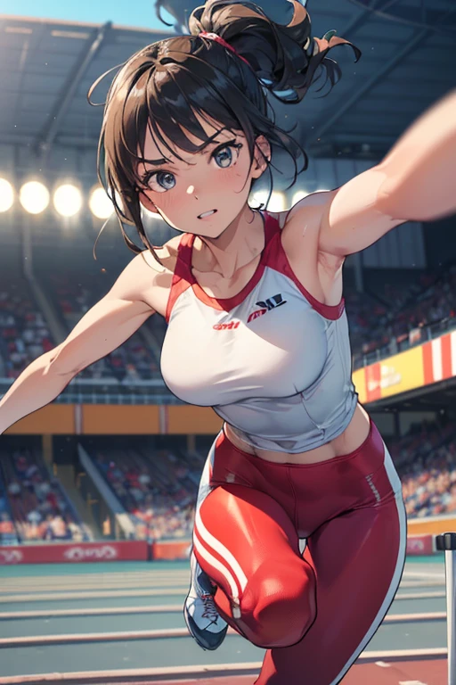 1 girl, ((Mature woman jumping hurdles towards viewers on track:1.3, dynamic action pose:1.2, Extend your left leg straight towards the viewer:1.2, leaning forward, sprinting at full speed:1.2, Athletic competition:1.2)), Wearing white sports leggings and sports tank top, (fine eyes, super detailed face), (ultra high resolution, 8K RAW photo, Ultra-Realistic, textile shading), outdoor, ((correct anatomy:1.37)), image centered, (Shoulder Focus:1.2), ((From the front center:1.37)), dynamic angle, from below, blurred background, 