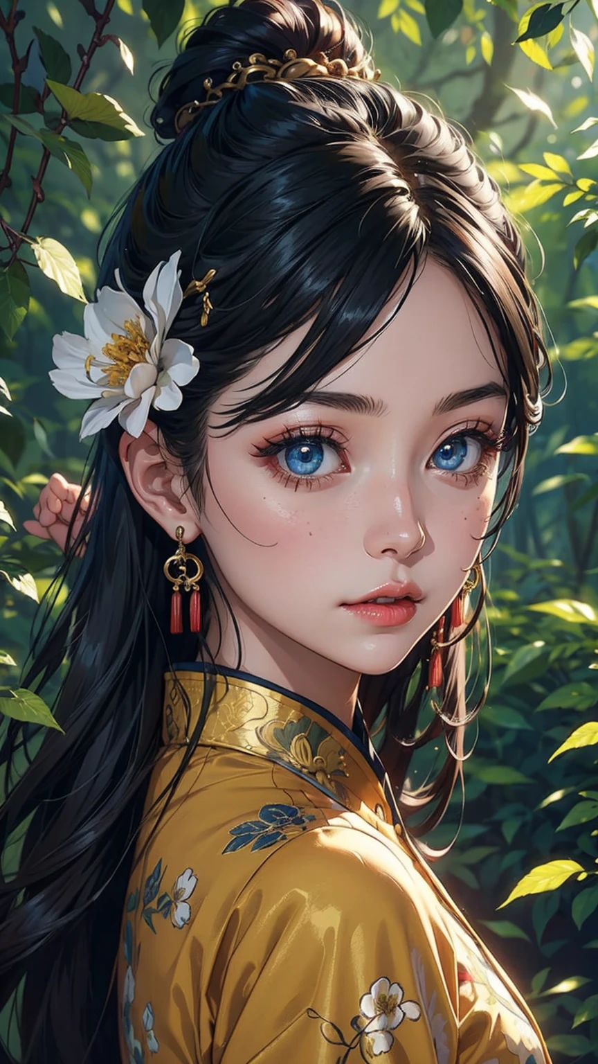 A girl wearing Chinese colour full clothes, golden lace, silver hairs, flower on hair, beautiful girl, double eyelashes, blue eyes, eyeliner, earrings, standing in forest, masterpiece quality, UHD, super detailed eyes, super detailed skin, super detailed image, High quality, High resolution, 