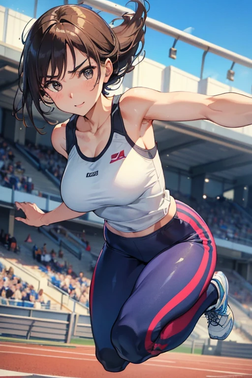 1 beautiful mature woman, ((Mature woman jumping hurdles towards viewers on track:1.3, dynamic action pose:1.2, Extend your left leg straight towards the viewer:1.2, leaning forward, sprinting at full speed:1.2, Athletic competition:1.2)), Wearing white sports leggings and sports tank top,outdoor, image centered, (Shoulder Focus:1.2), ((From the front center:1.37)), dynamic angle, from below, blurred background,