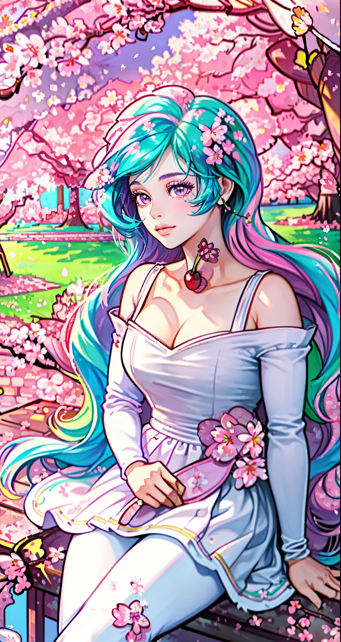 Celestia, celestia from my little pony, celestia in the form of a young woman, big breasts, lush breasts, three tones of hair, blue and pink and green hair, in a garden, pink and purple flowers, solo, one character, white long elegant dress: 1.5, long sleeves, thin, pink eyes, gentle smile, beautiful detailed garden: 1.5, under a trees, ((jacaranda trees: 2.5,)), ((cherry blossom trees: 2.0)), sitting on grass, rose flowers every: 1.5, rose garden: 1.5, so many connected ponds with lily pads and flowers on it beautiful pond: 2.0,, lily pads, sunflower flowers everywhere: 2.0, extremely long hair, sunrise: 2.0, SUNRISE: 2.0, bright glowing golden sky, ethereal sky, white thigh high with fire patterns of it, highly detailed legging, she is sitting by the ponds, reflection on water, bright glowing shimmering eyes, vibrant atmosphere: 1.0, breath taking scenery: 2.0, HIGHLY DETAILED LIGHTING:1.0, dramatic lighting, ((so much foliage)), different varieties of colorful flowers all around her those flowers attract butterflies, highly detailed butterflies, ((one really thin white straight horn on her forehead: 1.0)), two orange cat ears: 1.0, arbours decorated with flowers and bushes