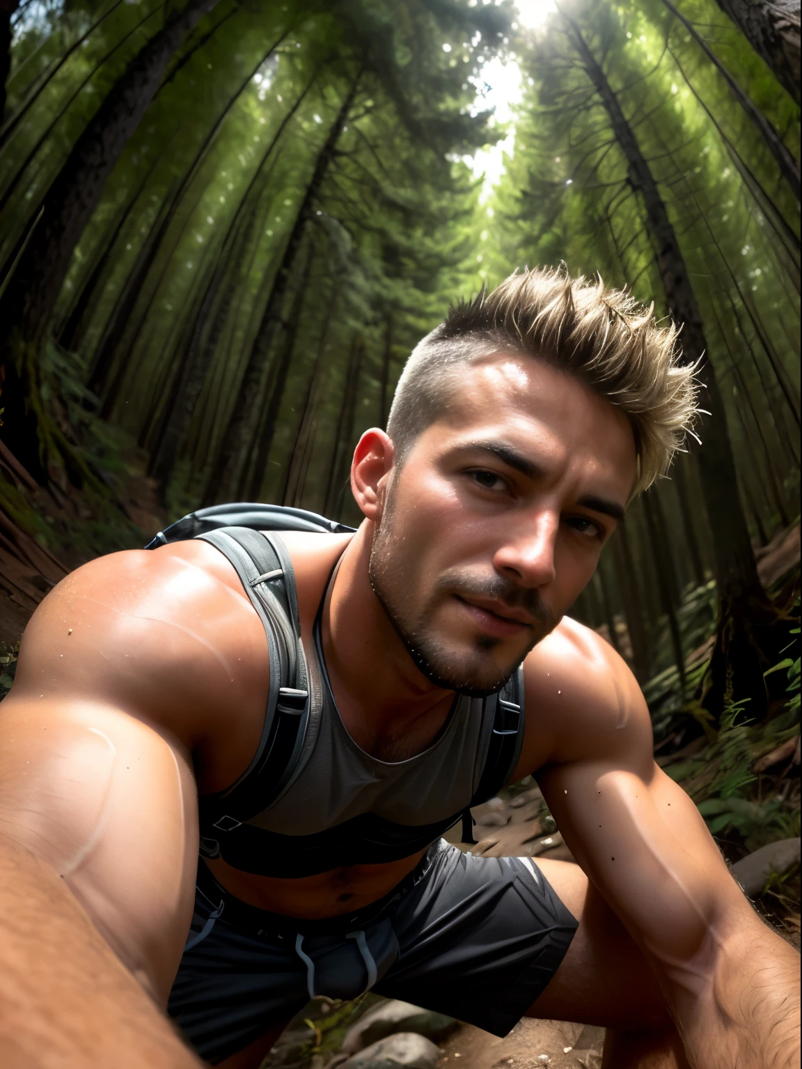 Arafed man in a forest taking a selfie with a camera - SeaArt AI