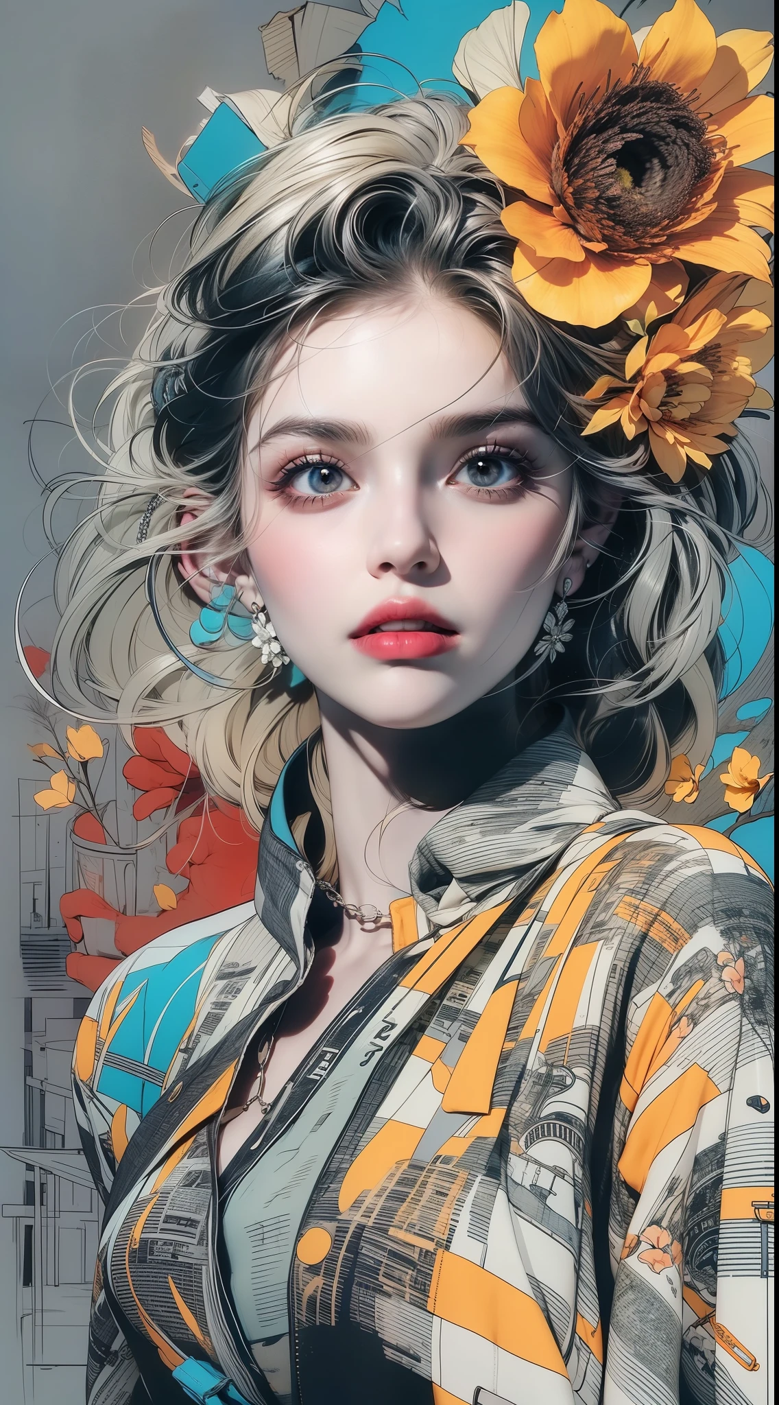 Create a digital art work in pop art style, featureing a vibrant and confident woman with bold makeup and colorfull fashion, cinematic color scheme, surrounded by vintage flowers patterns, energtic brushstrokes,the mood should be dynamic, upper body, drawing, illustration, grayscale