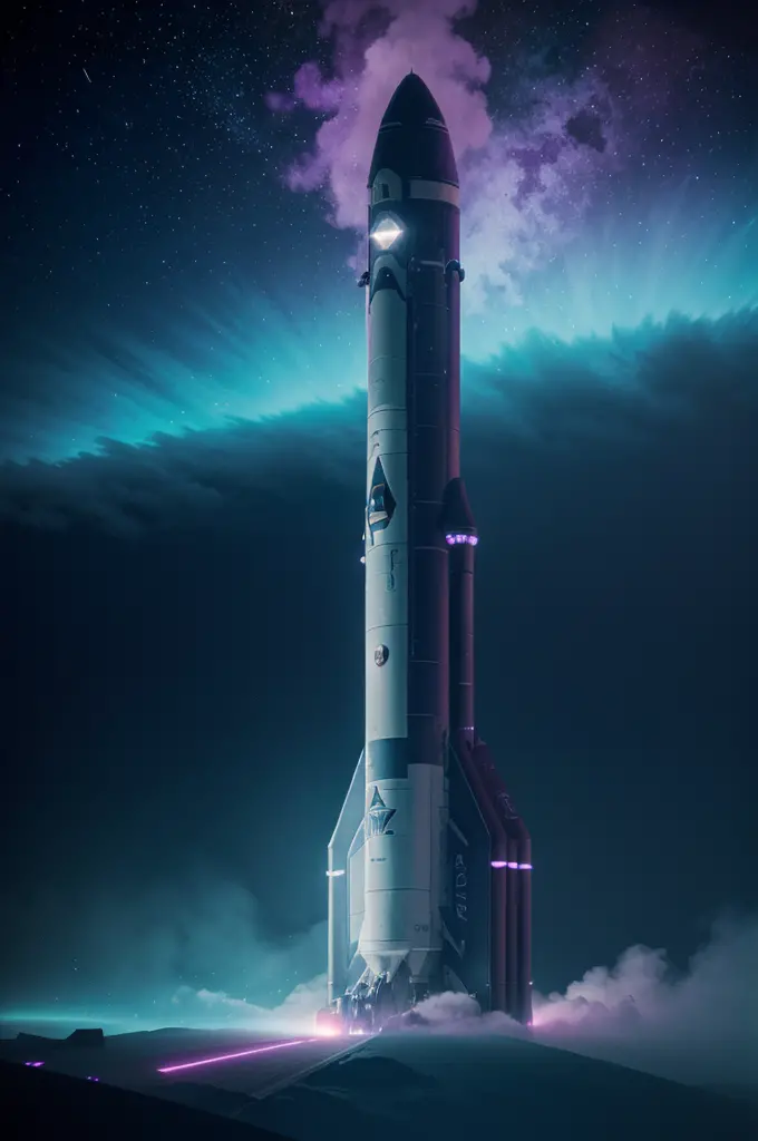 imagine a space rocket taking off, purple blue green smoke around, fog around, futuristic image, best quality, abstract, neon li...