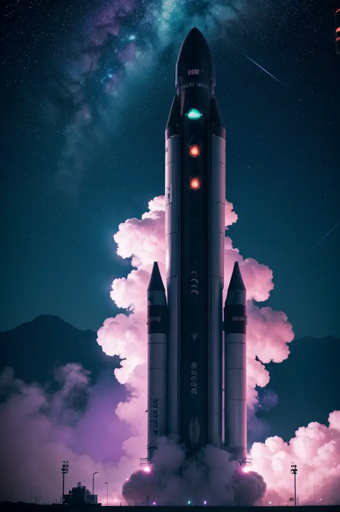 imagine a space rocket taking off, purple blue green smoke around, fog around, futuristic image, best quality, abstract, neon li...