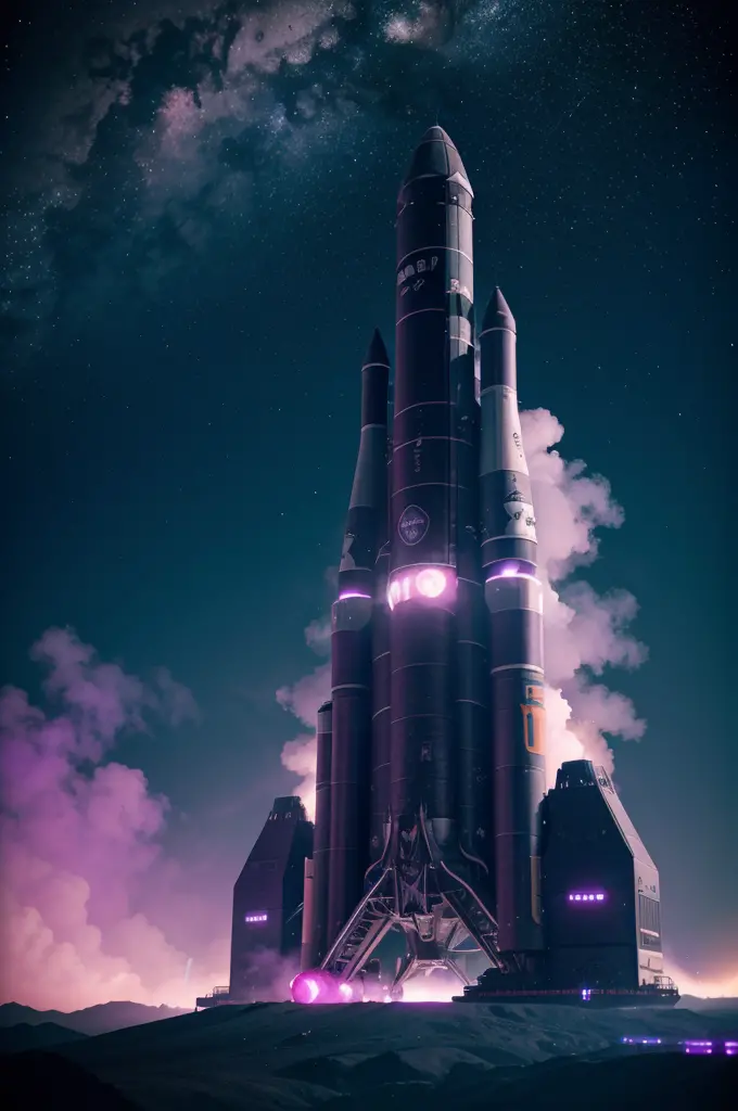 imagine a space rocket taking off, purple blue green smoke around, fog around, futuristic image, best quality, abstract, neon li...