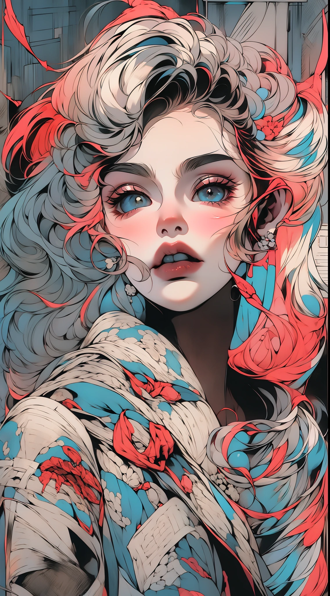 Create a digital art work in pop art style, featureing a vibrant and confident woman with bold makeup and colorfull fashion, cinematic color scheme, surrounded by vintage flowers patterns, energtic brushstrokes,the mood should be dynamic, upper body, drawing, illustration, grayscale