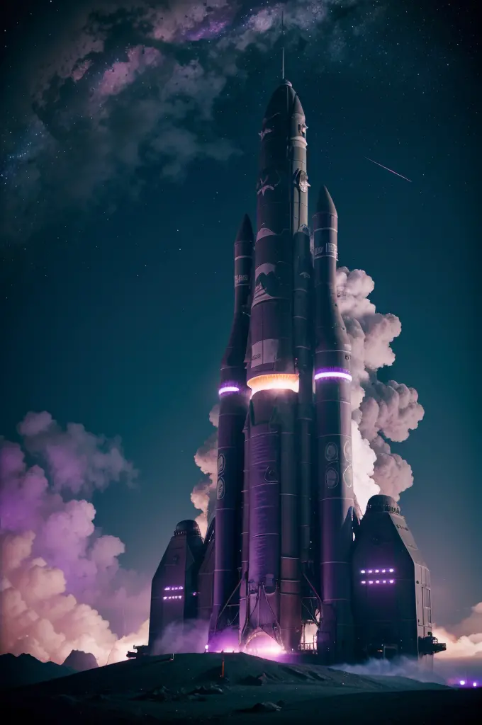 monumental space rocket taking off, purple colors blue colors green colors and hue, colorfull smoke around, fog around, futurist...