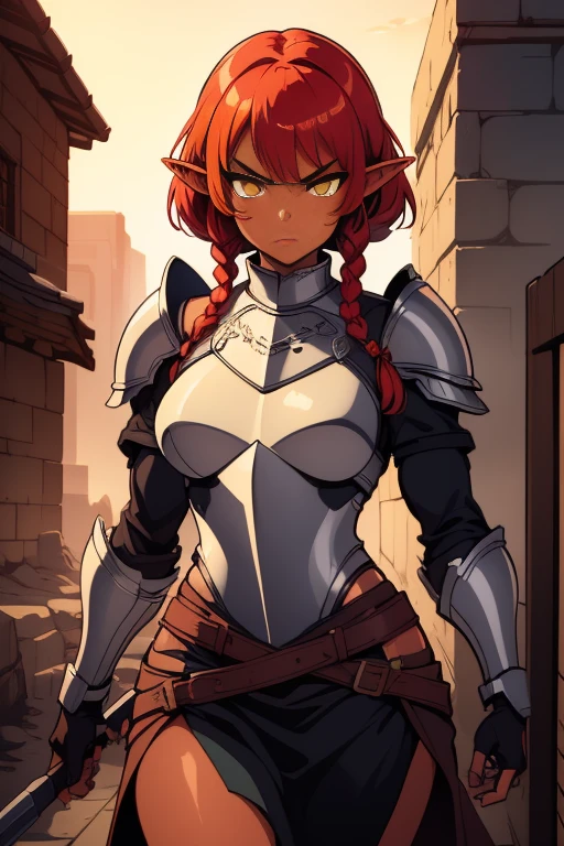 (((1 girl muscular toned body))) dark skin, elf ears,  red hair, short hair,, twin_low_braids, angry, yellow eyes, full armor, plate armor, cowboy shot, Paladin, 