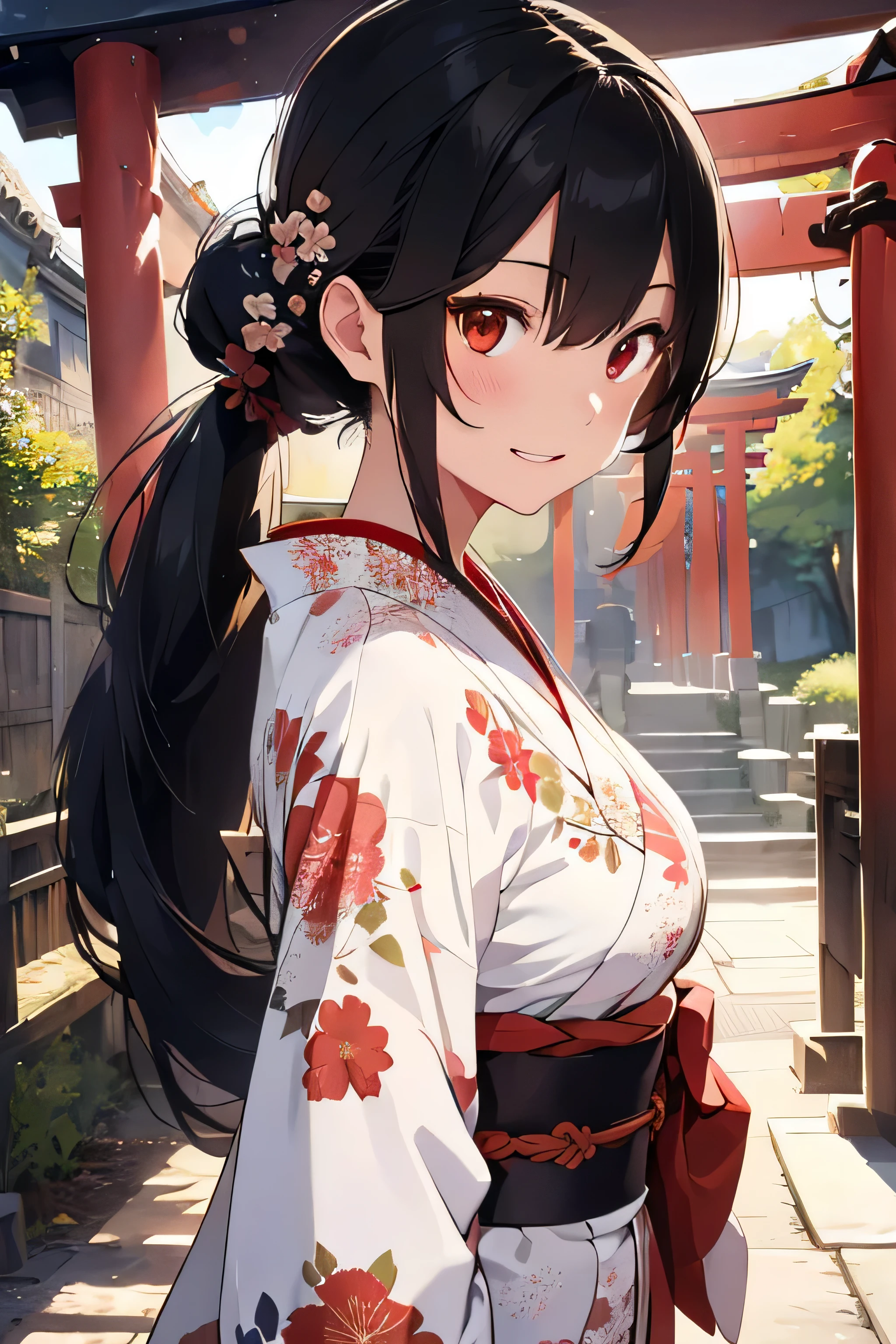 cute illustration、(１black haired woman、slender body shape、small breasts、thin face、All long hair up-style、realistic woman、Gorgeous white and red floral kimono、Furisode、Ōobi)、smile、shrine、torii、Light is shining from behind、whole body