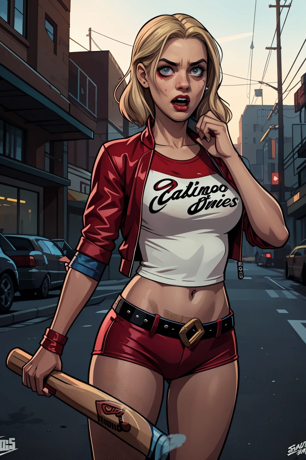 GTA-Stil, GTA-Ladebildschirm, GTA art, Porträt von Harley Quinn in dynamischer Pose, in Der Walking Dead-Stil , (((Baseballschläger in der Hand))), ((wütender Gesichtsausdruck)), Verrücktes Mädchen, Lachen, Nacht, sehr detailliert, Detailliertes Gesicht, Epos, High-Definition-Aufnahmen, digitales Porträt, Schön, Art Station, Comic-Stil, ((heißer Körper, heißes Mädchen, Sinnlich, sexy)), Comic, Der Walking Dead-Stil. ((ein zerstörter Stadthintergrund, Feuer, Rauch, Explosion)).